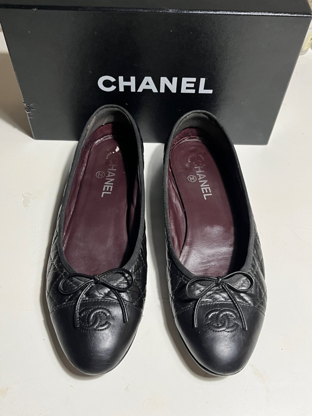 CHANEL Black Quilted Leather Ballet Flats with Bow
